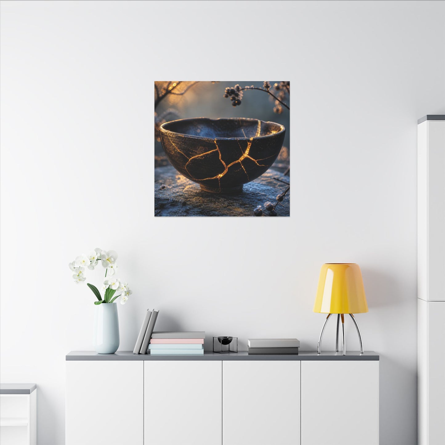 Ceramic Bowl Canvas Art | Winter Kintsugi Gold Repair Art