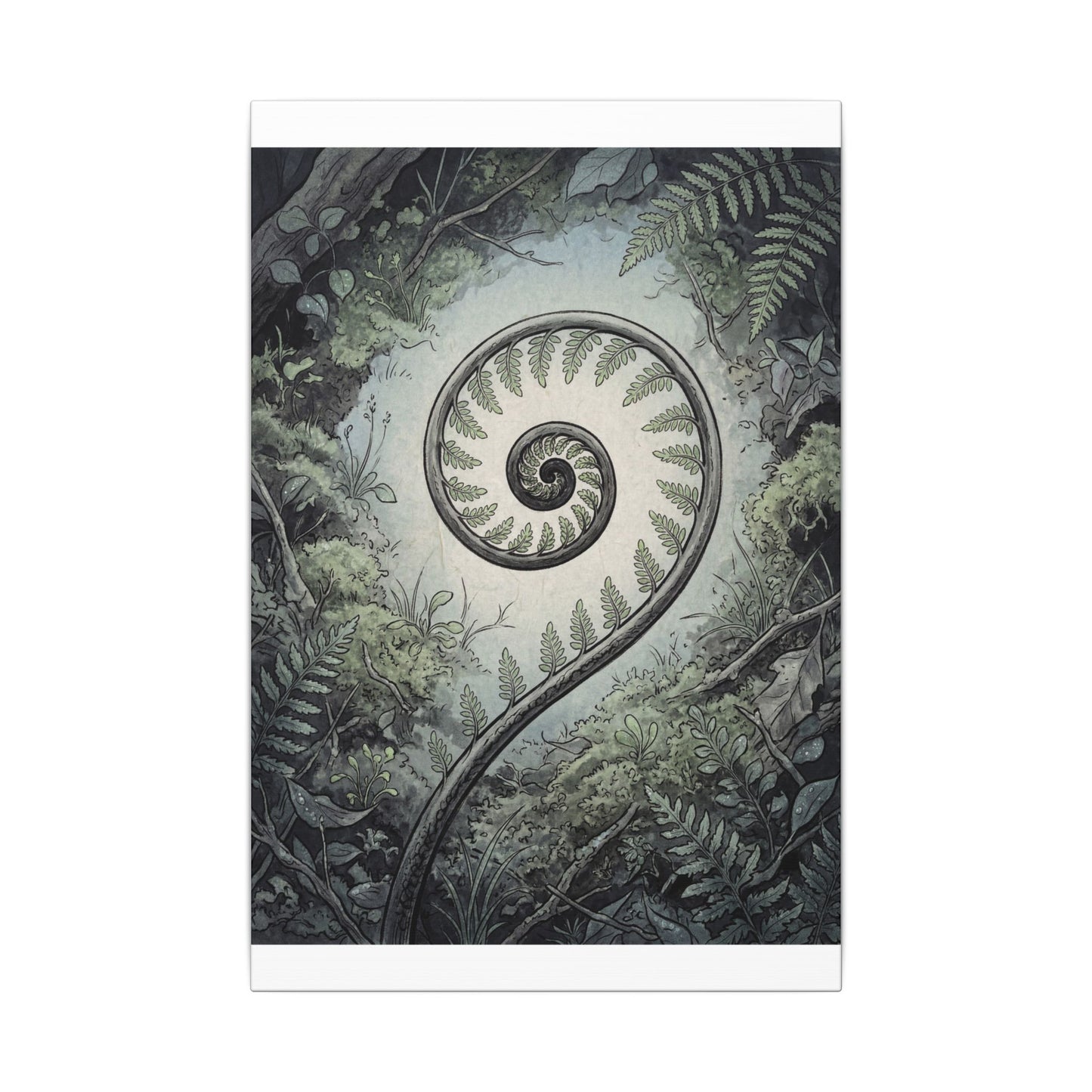 Zen Fern Unfurling in Dawn | Ukiyo E Inspired Canvas Art Art Print