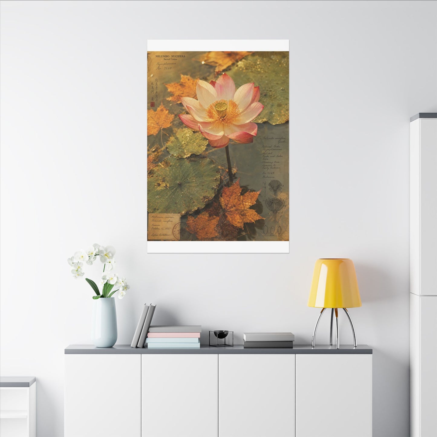 Autumn Lotus Flower Herbarium Canvas Art | Rustic Decor