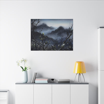 Mountain Mist Spring Canvas Art | Dark Japandi Atmospheric Design
