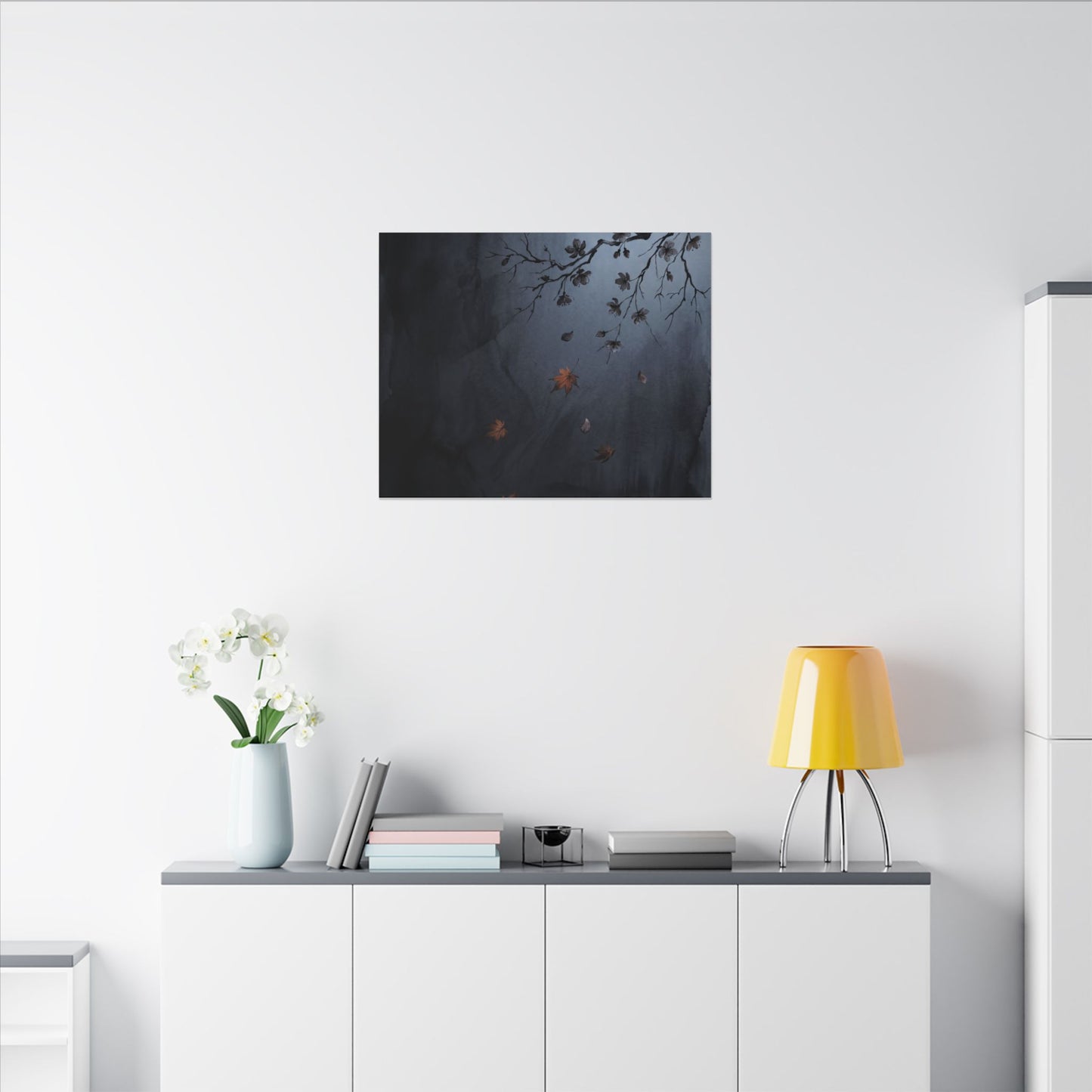 Autumn Cherry Blossom Charcoal Ink Canvas Art | Atmospheric Decor