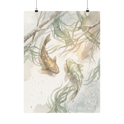 Koi Pond Wall Art Print | Winter Japandi Watercolor Art Art Print