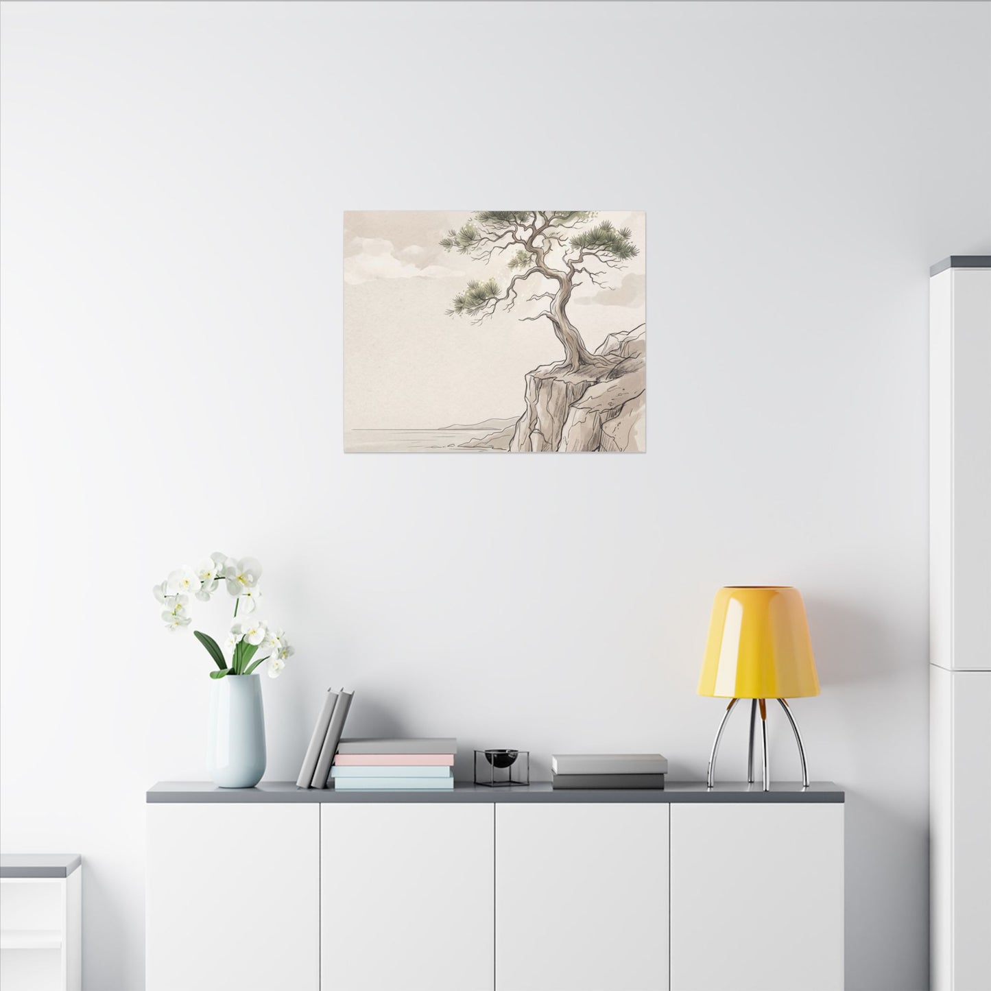 Japandi Pine Tree in Dappled | Minimal Line Canvas Art