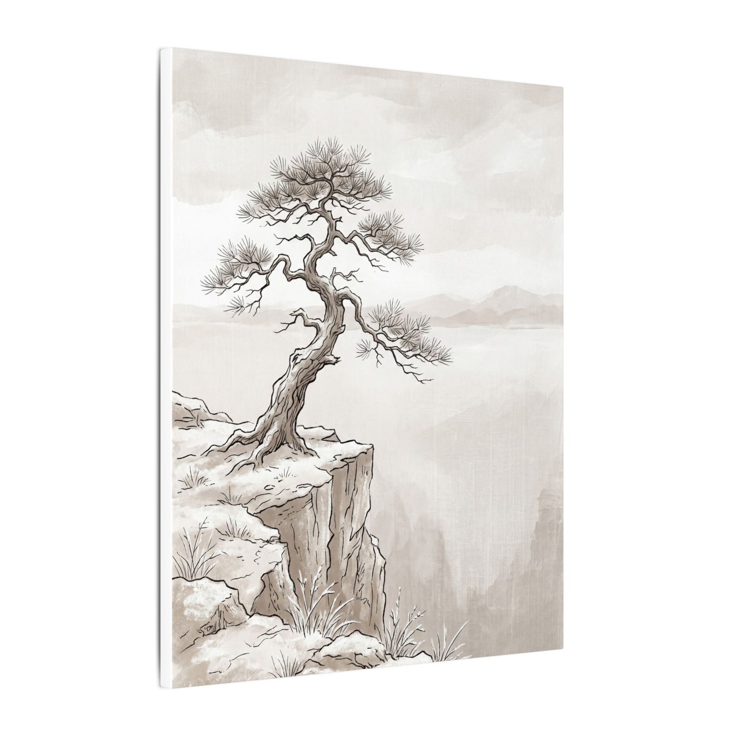 Neutral Pine Tree Canvas Art - Minimal Line Japandi