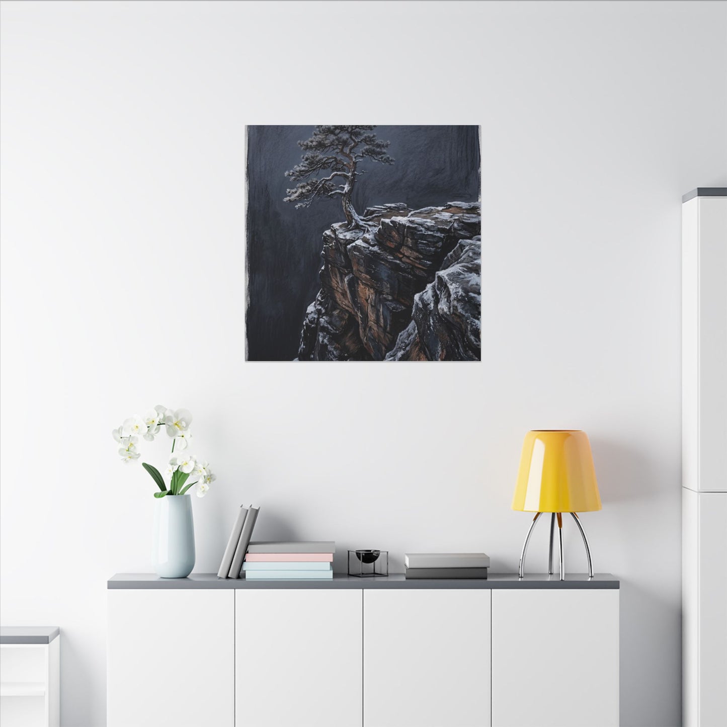 Dark Japandi Pine Tree in Dawn | Dark Texture Canvas Art