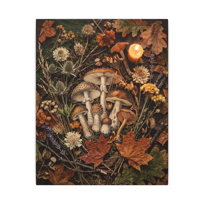 Autumn Dried Flowers Mushroom Illustration Canvas Art | Earthy Decor