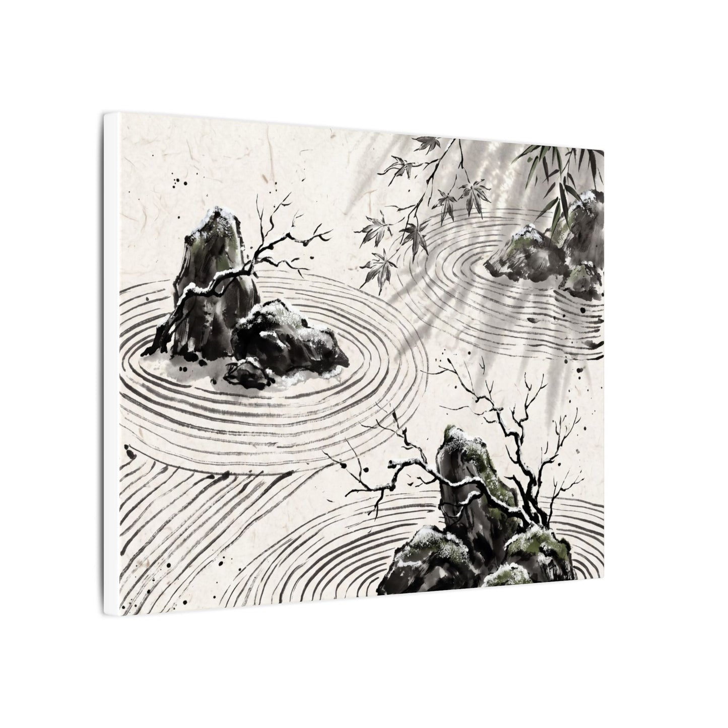 Rock Garden Canvas Art | Winter Zen Sumi E Art