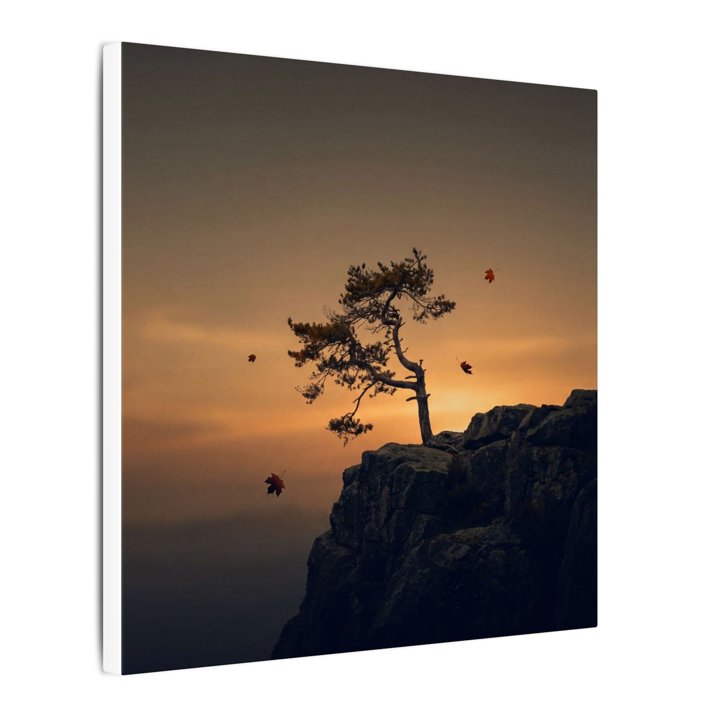 Dark Japandi Pine Tree in Golden Hour | Moody Minimal Canvas Art