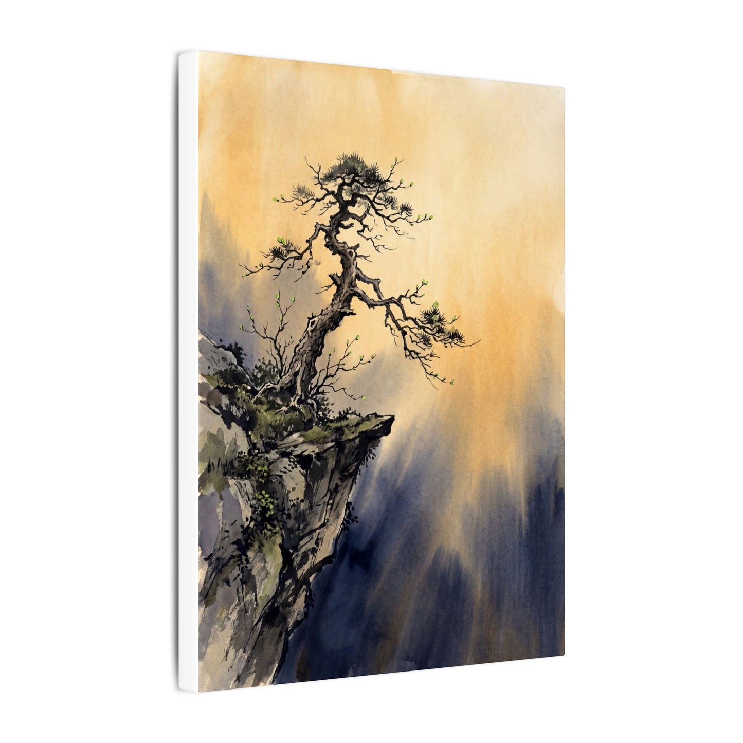 Zen Pine Tree in Golden Hour | Sumi E Canvas Art