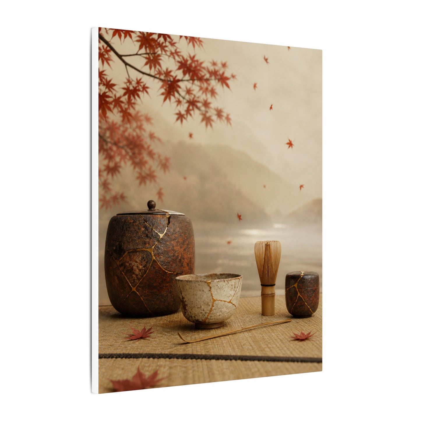 Tea Ceremony Canvas Art | Autumn Kintsugi Gold Vein Art