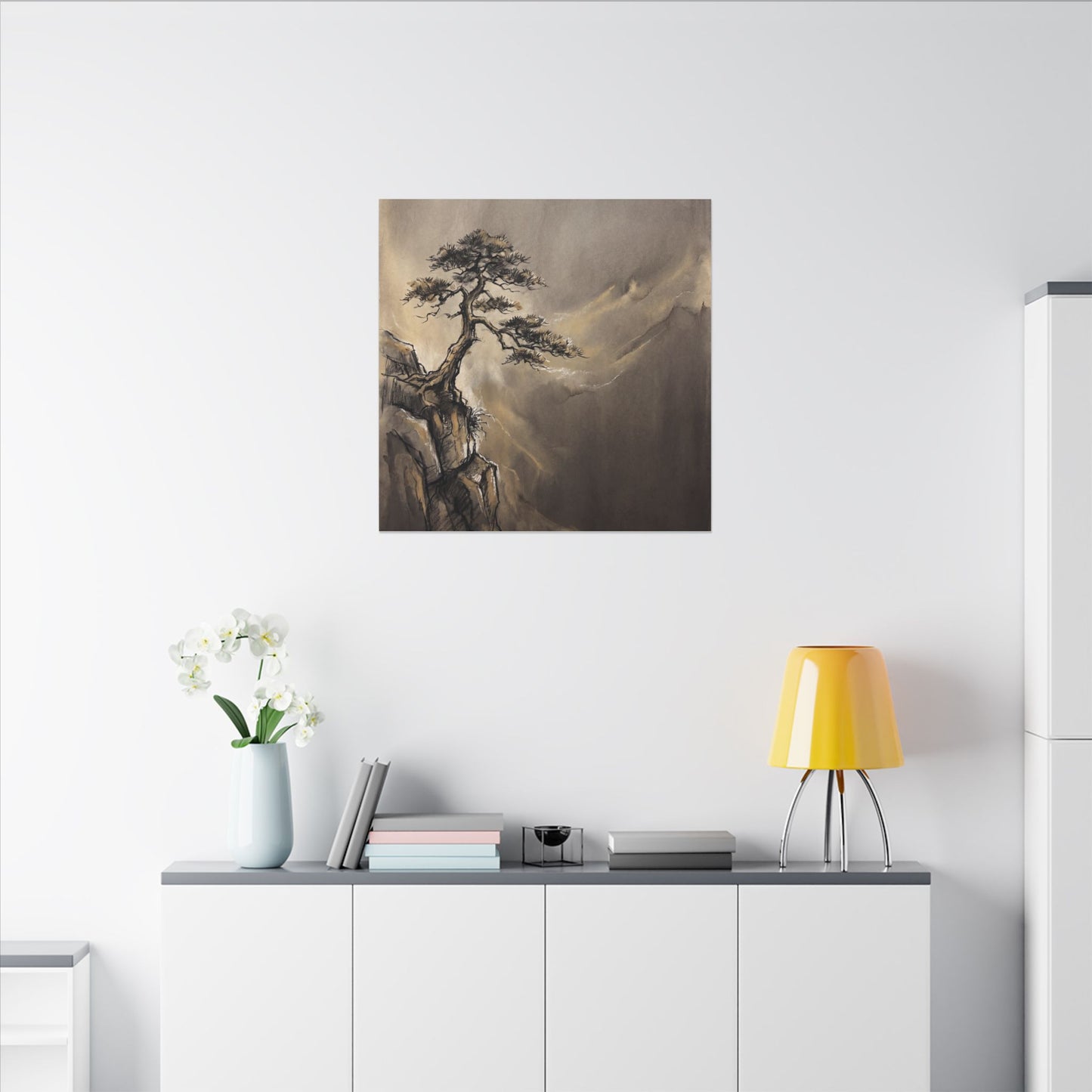 Pine Tree Charcoal Ink Canvas Art | Luxurious Dark Japandi Art