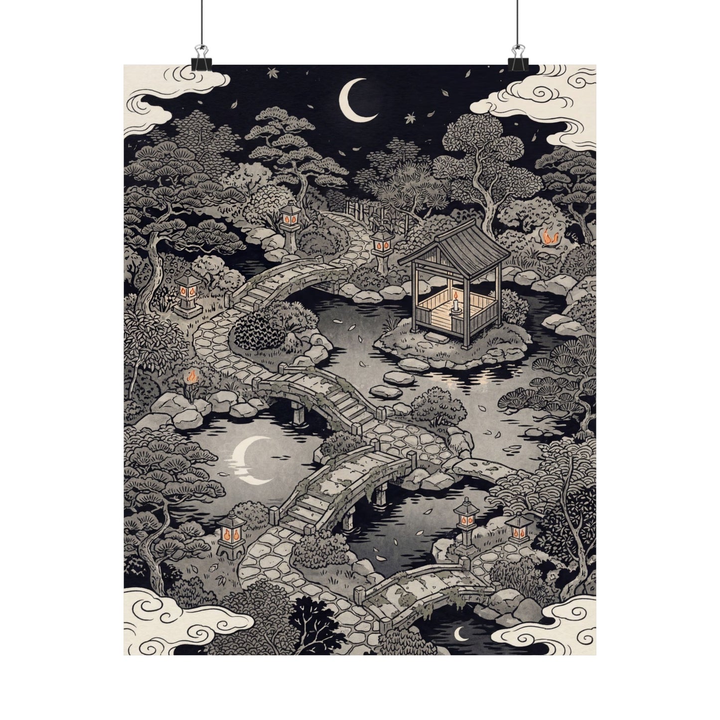 Summer Moonlit Garden Ukiyo E Inspired Wall Art Print | Serene Decor Art Print