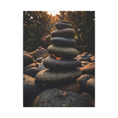 Dark Japandi River Stones in Golden Hour | Moody Minimal Canvas Art