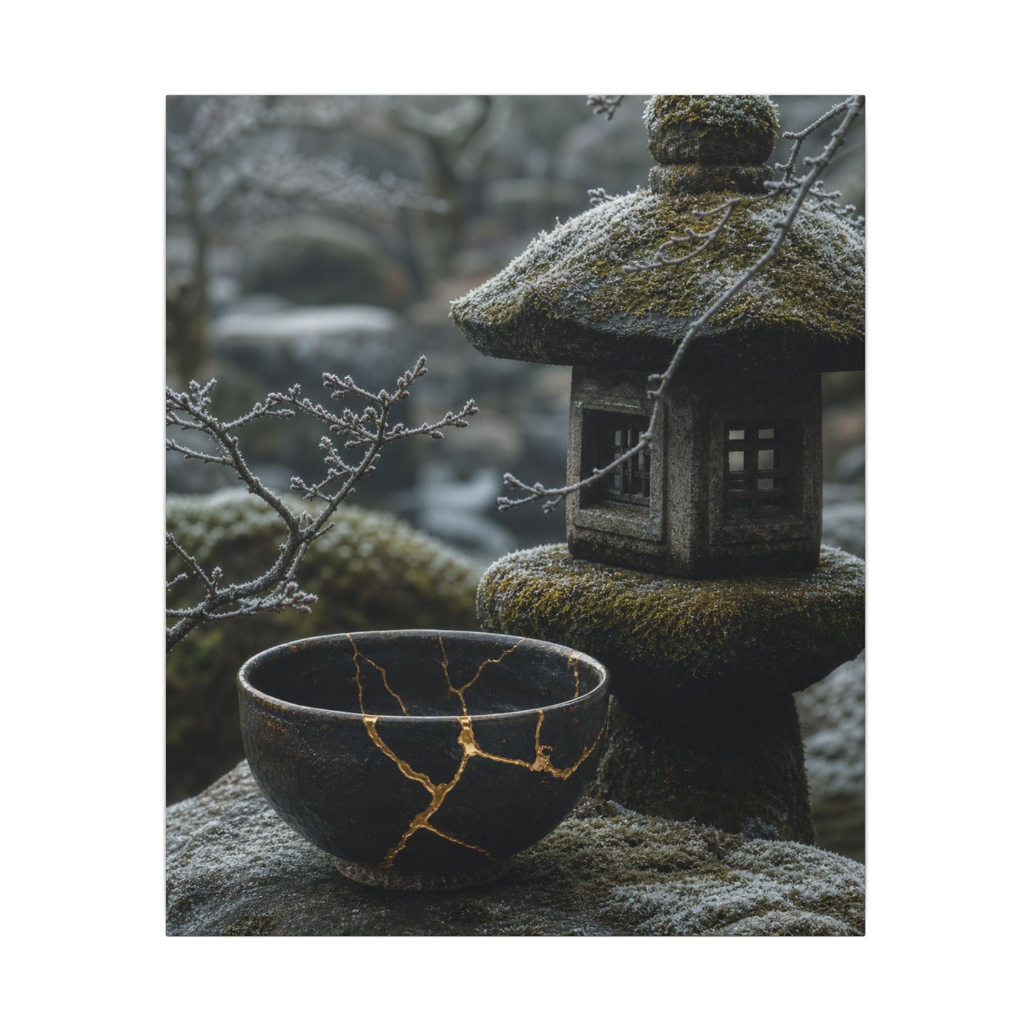 Stone Lantern Canvas Art | Winter Kintsugi Gold Repair Art