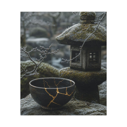 Stone Lantern Canvas Art | Winter Kintsugi Gold Repair Art