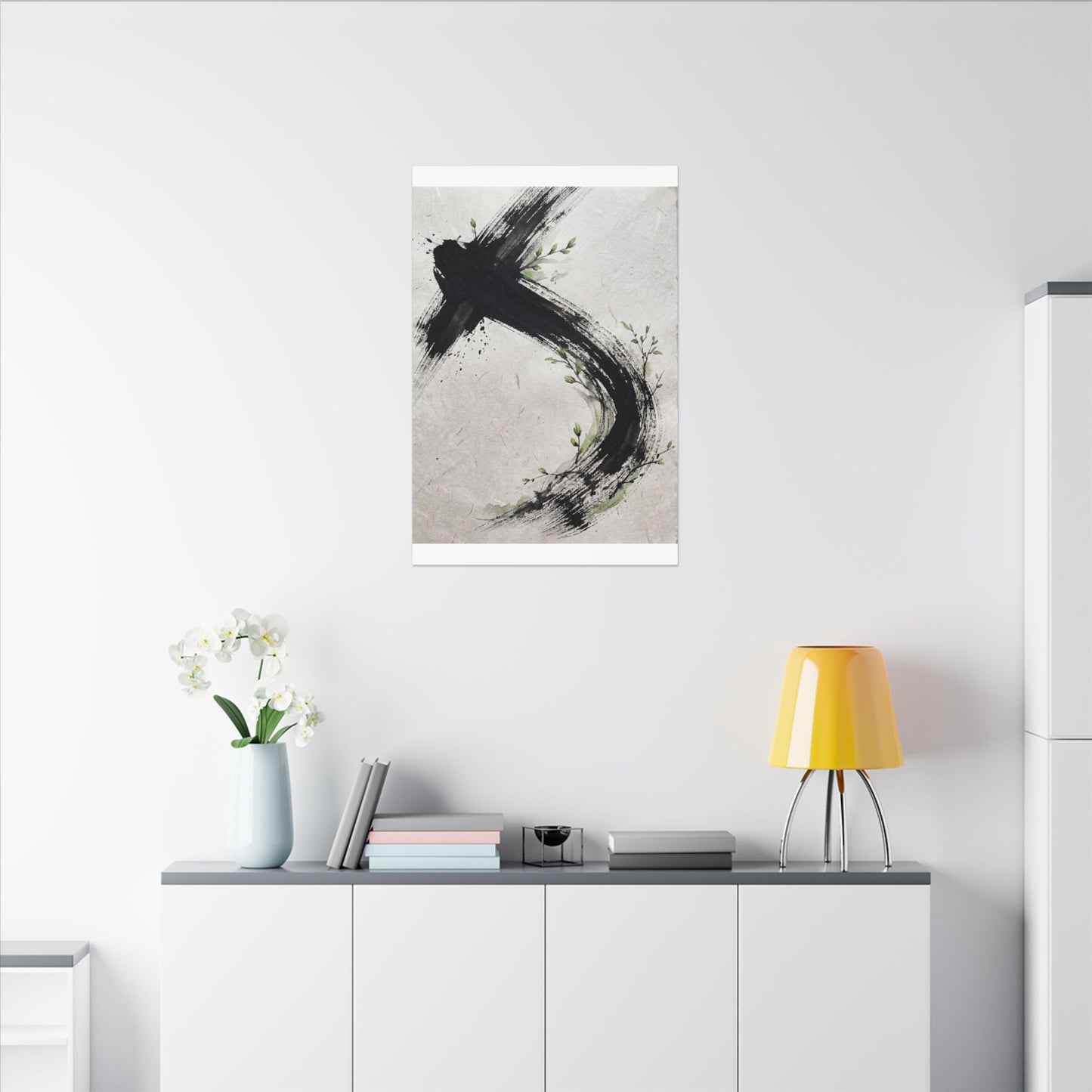 Ink Brushstroke Spring Canvas Art | Dark Japandi Sophisticated Design