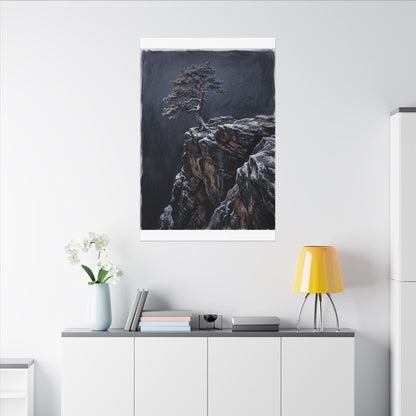 Dark Japandi Pine Tree in Dawn | Dark Texture Canvas Art