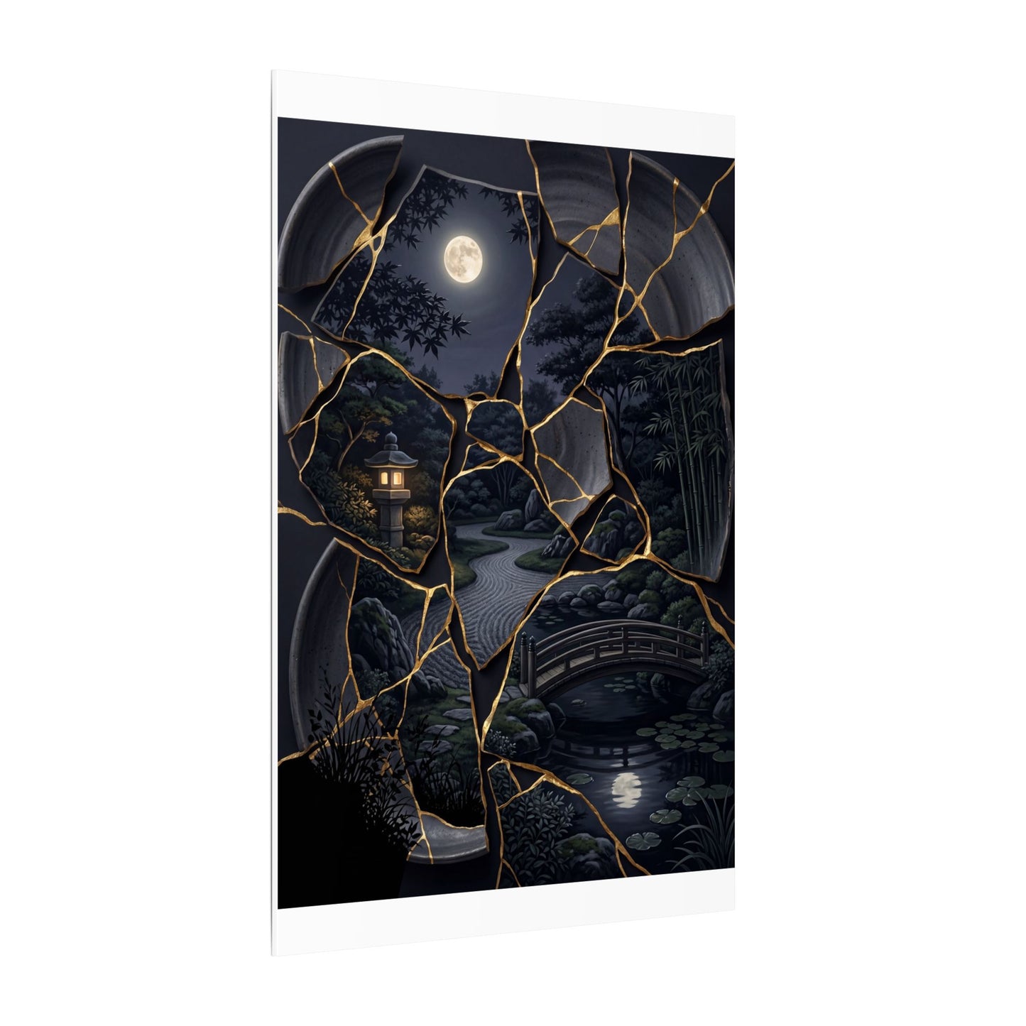 Kintsugi Moonlit Garden in Golden Hour | Gold Repair Canvas Art