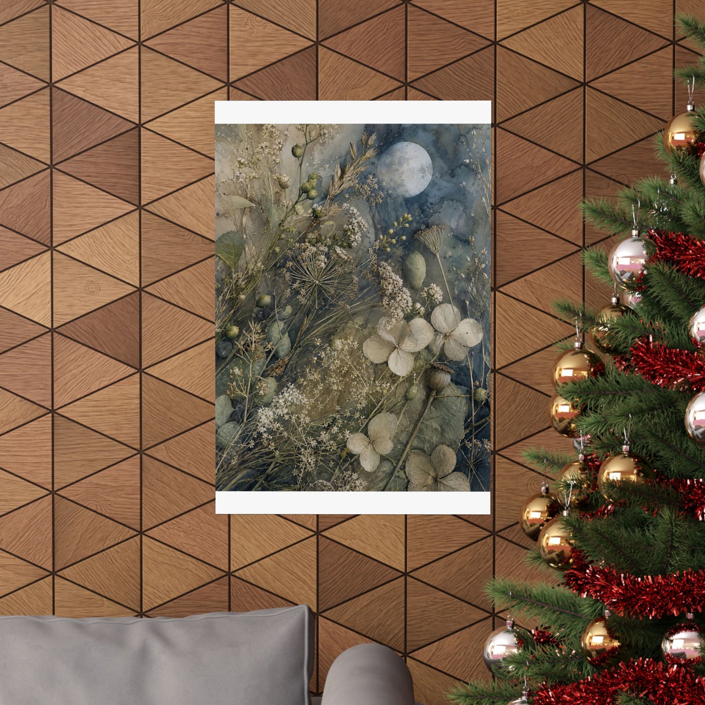 Japandi Dried Flowers in Moonlight | Watercolor Wall Art Print