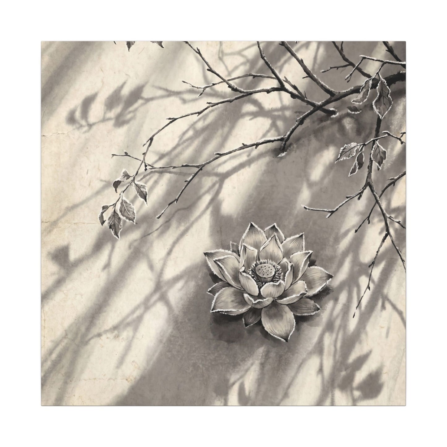 Winter Lotus Flower Sumi E Canvas Art | Contemplative Decor