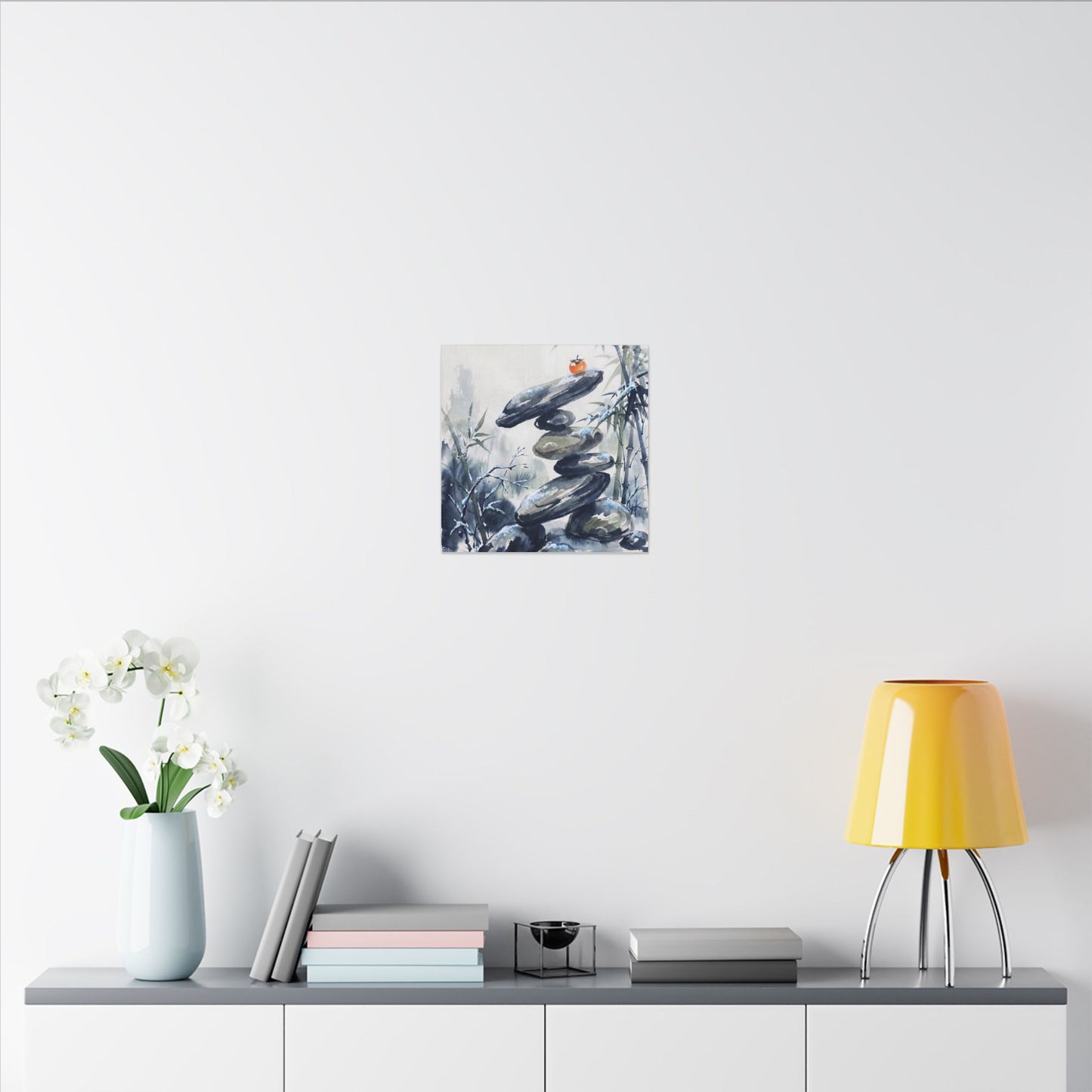 Zen River Stones in Moonlight | Sumi E Canvas Art