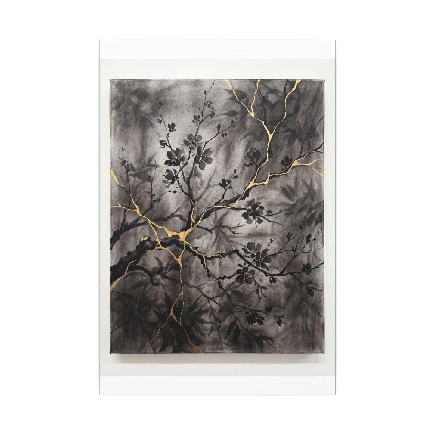 Kanso Cherry Blossom Canvas Art - Kintsugi Crackle Gold