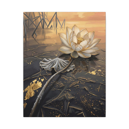 Kintsugi Lotus Flower in Golden Hour | Gold Vein Canvas Art
