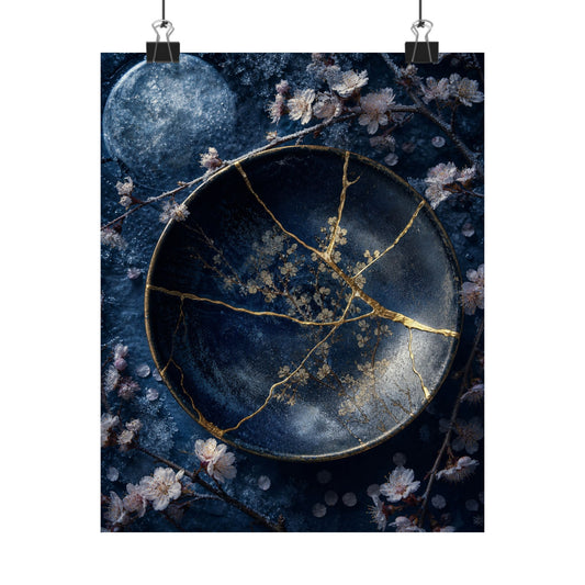 Kintsugi Cherry Blossom in Moonlight | Gold Repair Wall Art Print