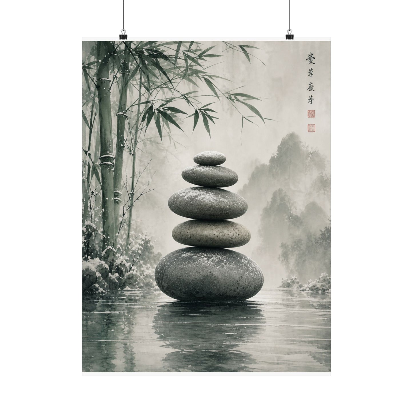 River Stones Sumi E Wall Art Print | Tranquil Zen Art