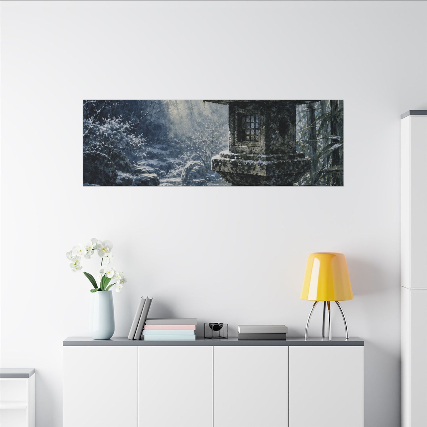 Zen Stone Lantern in Dappled | Sumi E Canvas Art