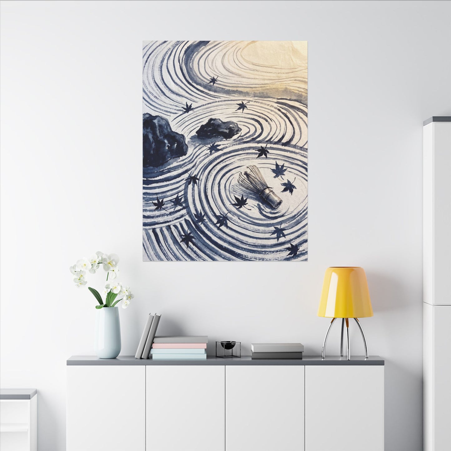 Zen Rock Garden in Golden Hour | Sumi E Canvas Art