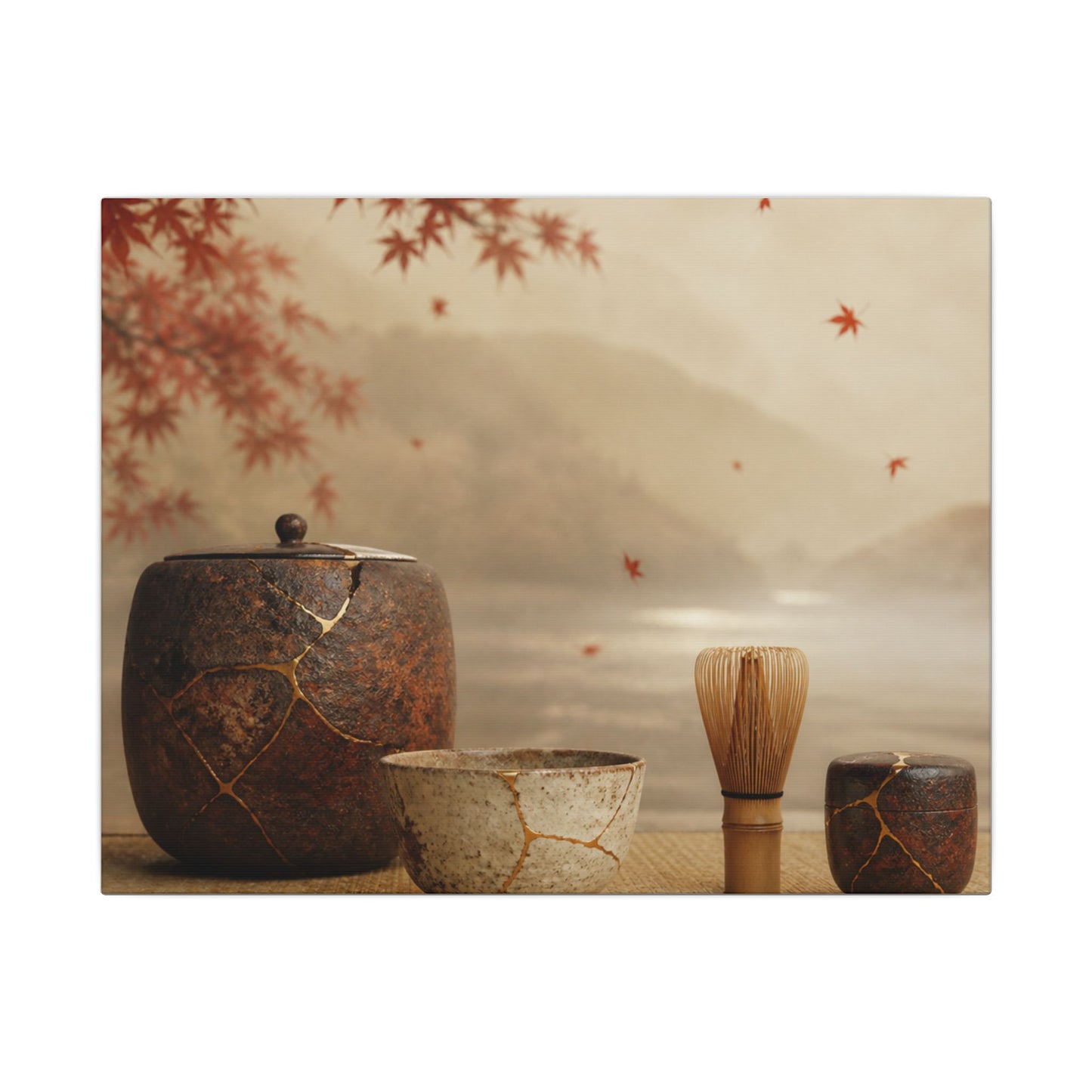 Tea Ceremony Canvas Art | Autumn Kintsugi Gold Vein Art