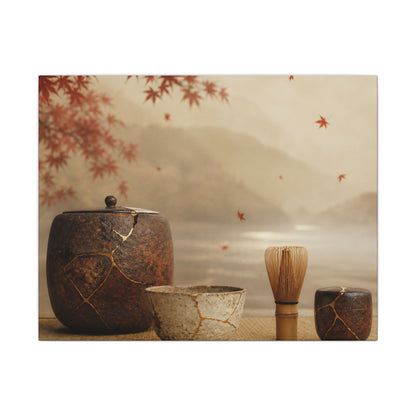 Tea Ceremony Canvas Art | Autumn Kintsugi Gold Vein Art