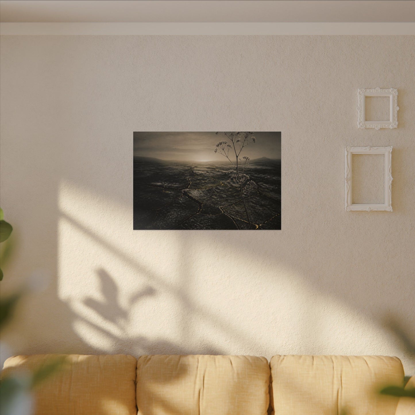 Dawn Cracked Earth Canvas Art - Dark Japandi Mono No Aware