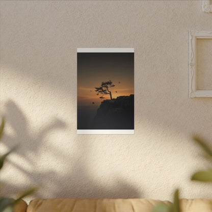 Dark Japandi Pine Tree in Golden Hour | Moody Minimal Canvas Art
