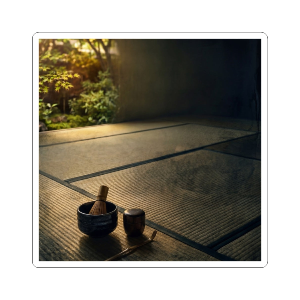 Dark Japandi Tea Ceremony in Golden Hour | Dark Texture Sticker Art Print