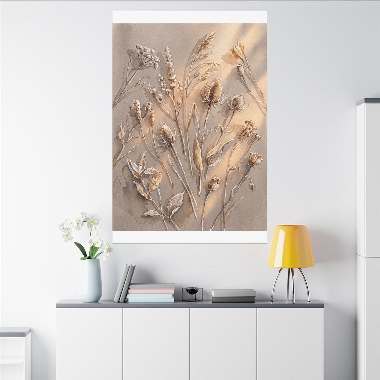 Japandi Dried Flowers in Golden Hour | Watercolor Canvas Art