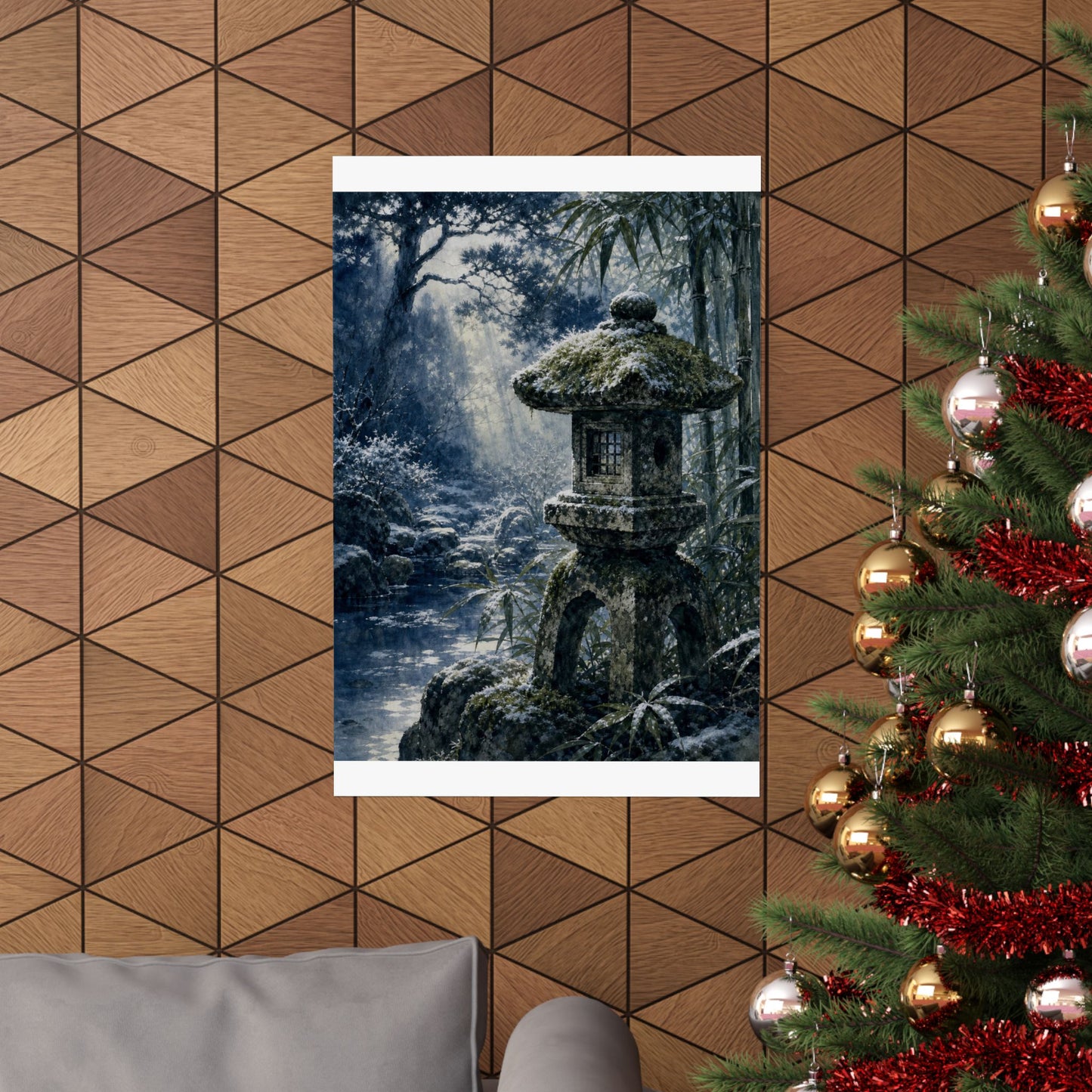 Zen Stone Lantern in Dappled | Sumi E Wall Art Print