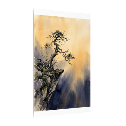Zen Pine Tree in Golden Hour | Sumi E Canvas Art