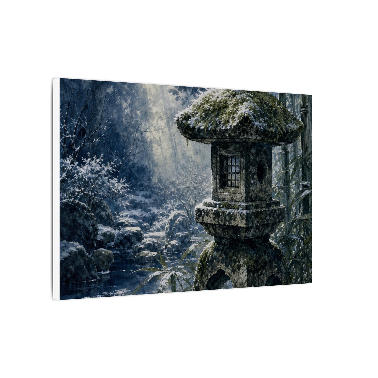 Zen Stone Lantern in Dappled | Sumi E Canvas Art
