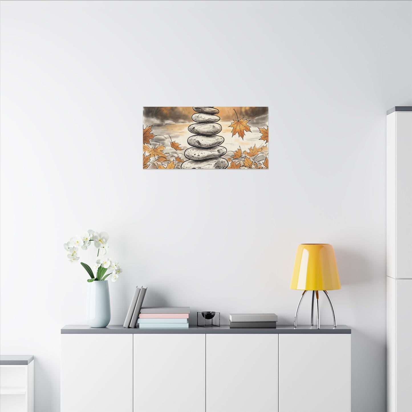 Earthy River Stones Canvas Art - Minimal Line Japandi