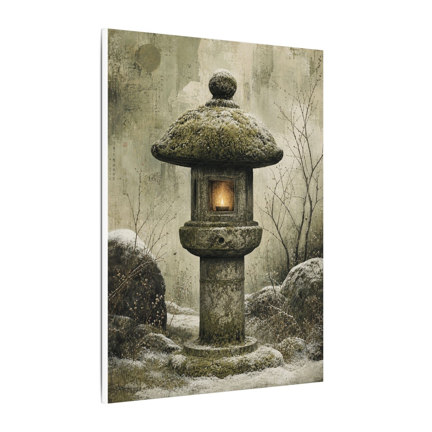 Stone Lantern Winter Canvas Art | Japandi Neutral Design