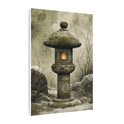 Stone Lantern Winter Canvas Art | Japandi Neutral Design