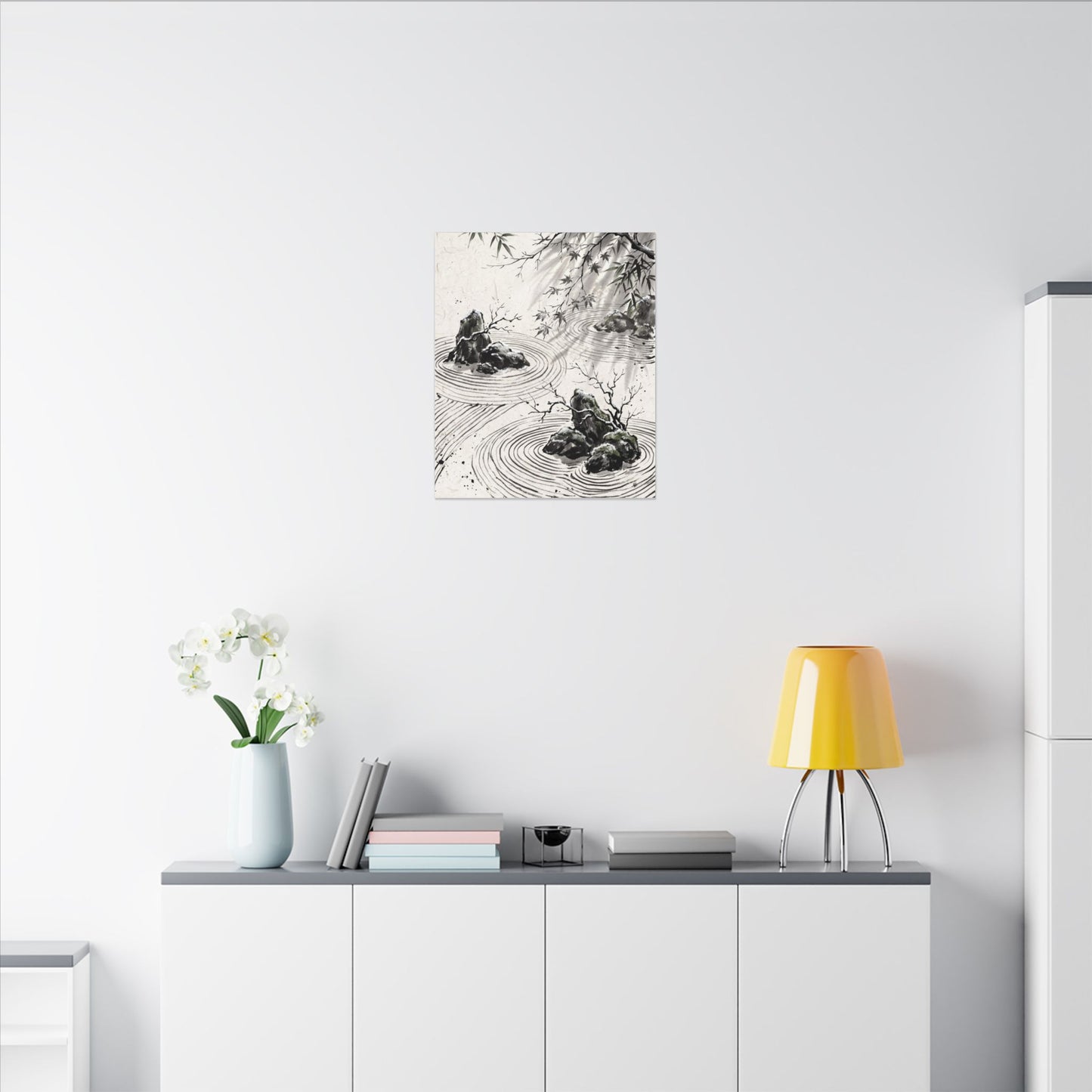 Rock Garden Canvas Art | Winter Zen Sumi E Art
