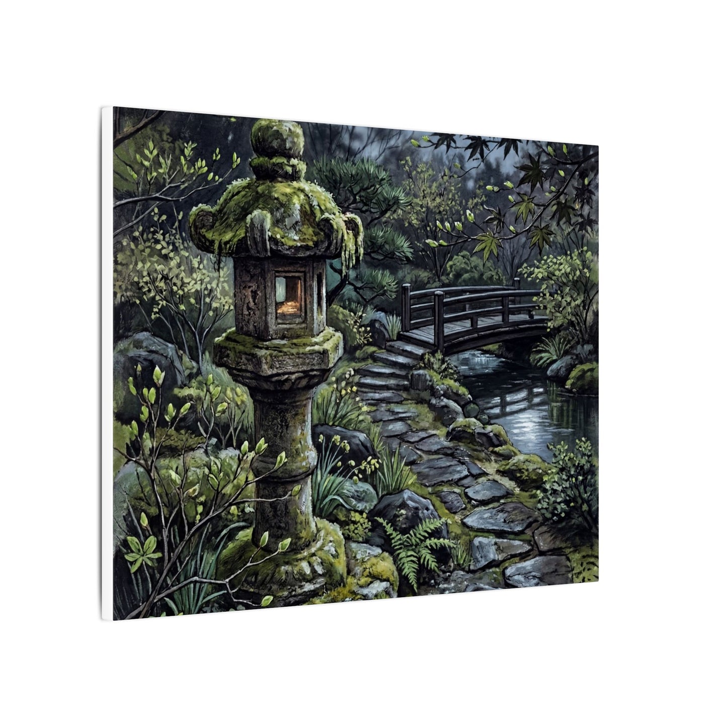 Japandi Stone Lantern in Moonlight | Texture Canvas Art