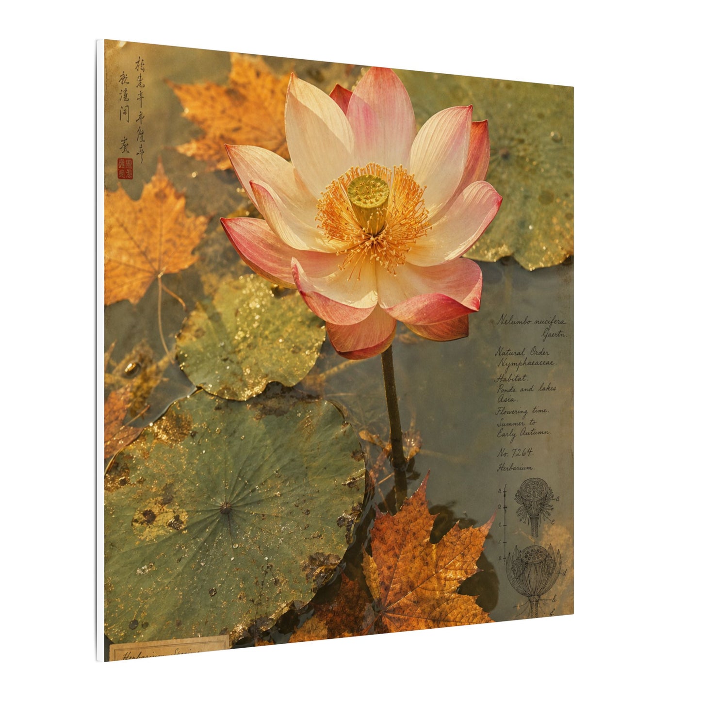 Autumn Lotus Flower Herbarium Canvas Art | Rustic Decor