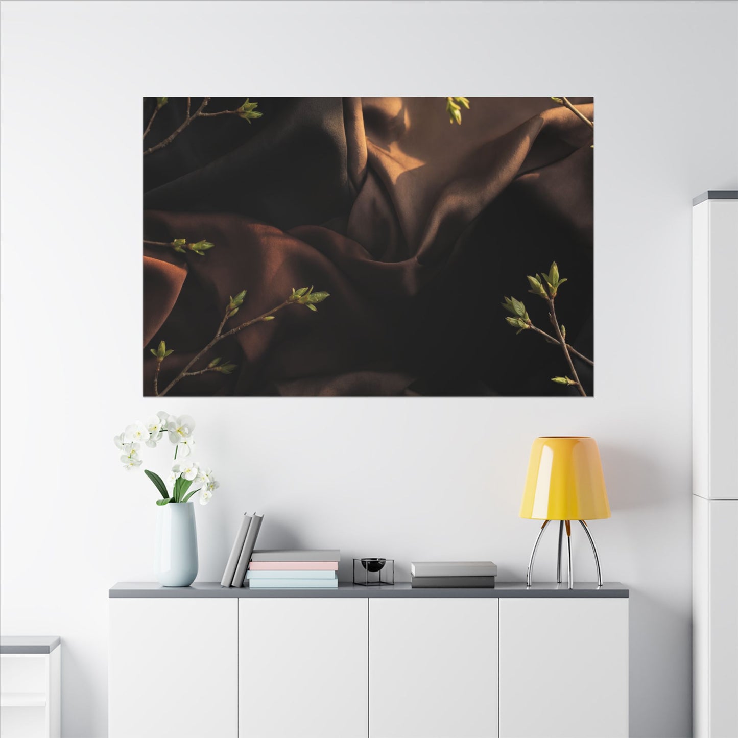 Dark Japandi Silk Drape in Golden Hour | Moody Minimal Canvas Art