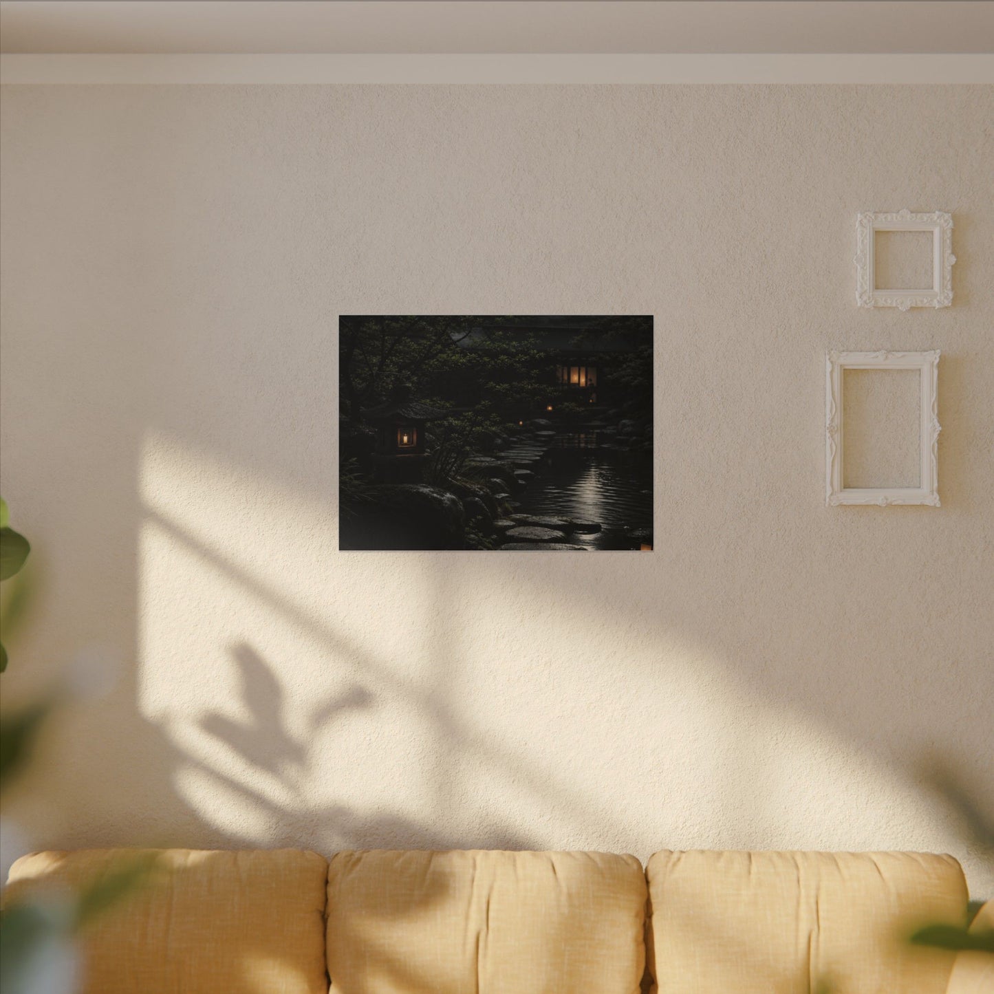 Moonlit Garden Shadow Zen Canvas Art | Sophisticated Dark Japandi Art