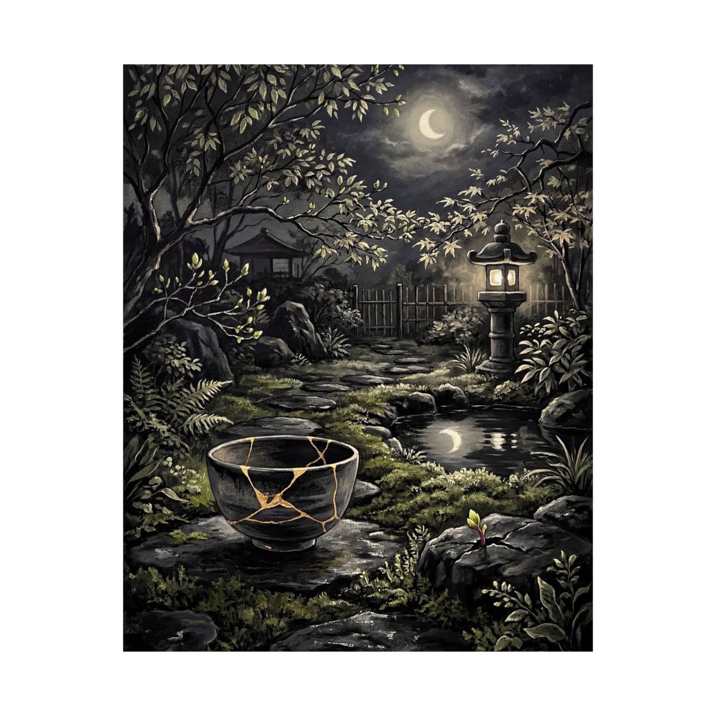 Kintsugi Moonlit Garden in Dappled | Gold Repair Wall Art Print