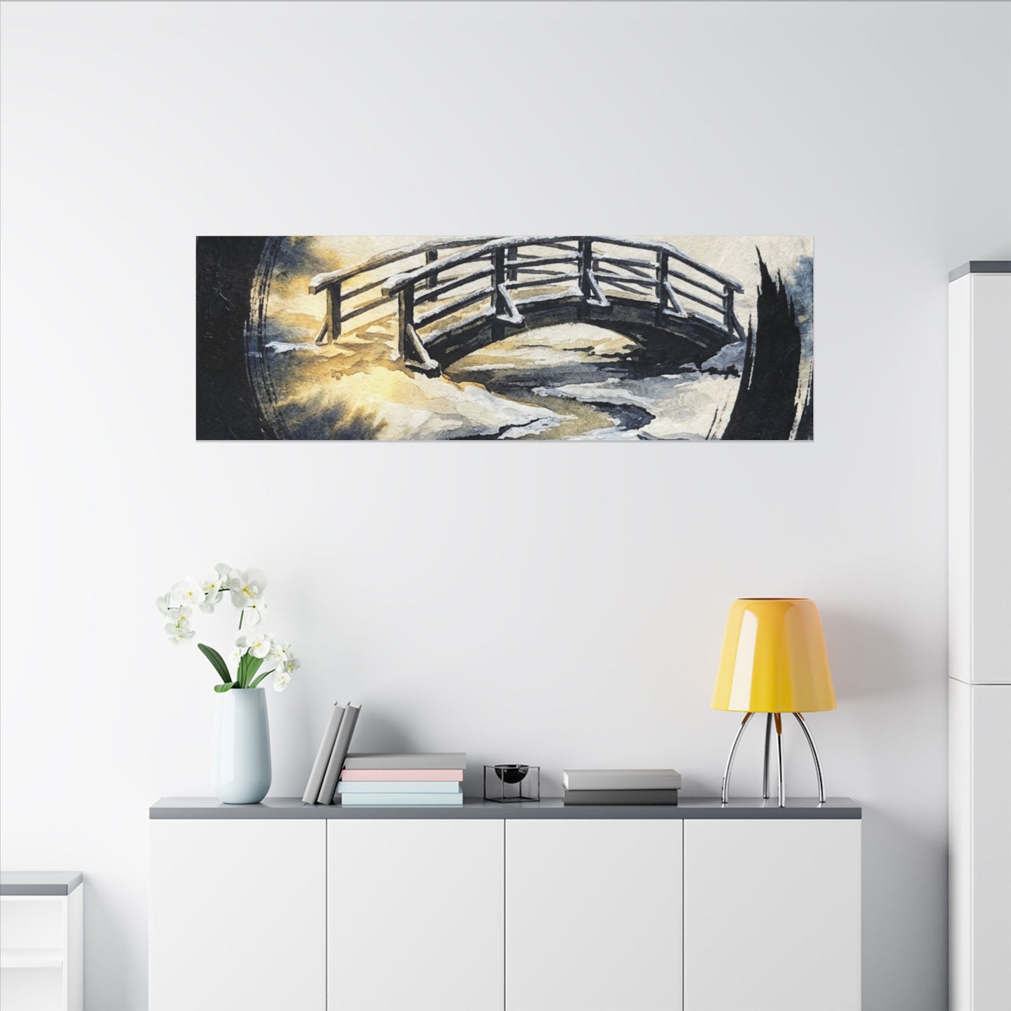 Winter Wooden Bridge Enso Canvas Art | Serene Decor